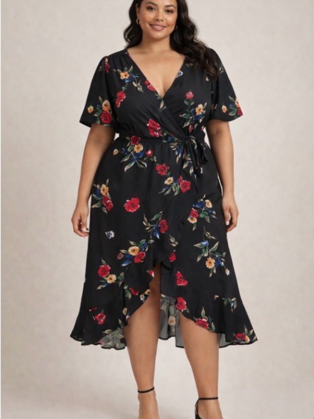 BloomChic Black Floral Wrap Midi Dress